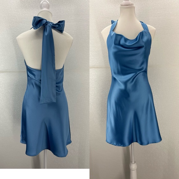 NWT Women's Cowl Neck Halterneck Slip On Backless Satin Mini Dress Sexy Silky XS - Picture 11 of 17